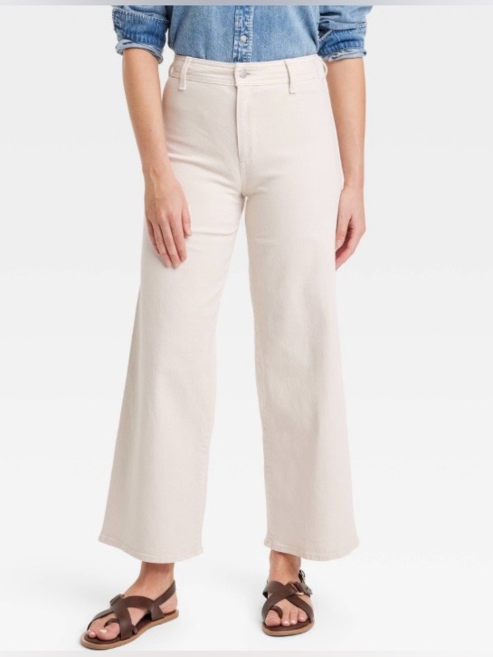 High-Rise Sailor Wide Leg Ankle Jeans - Beige 16 Cotton Denim, Relaxed Fit NWOT